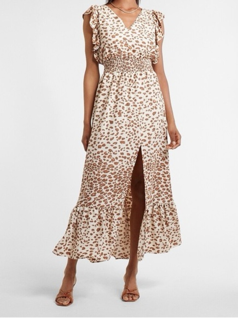 Express Cream Leopard-Print Ruffle Maxi Dress